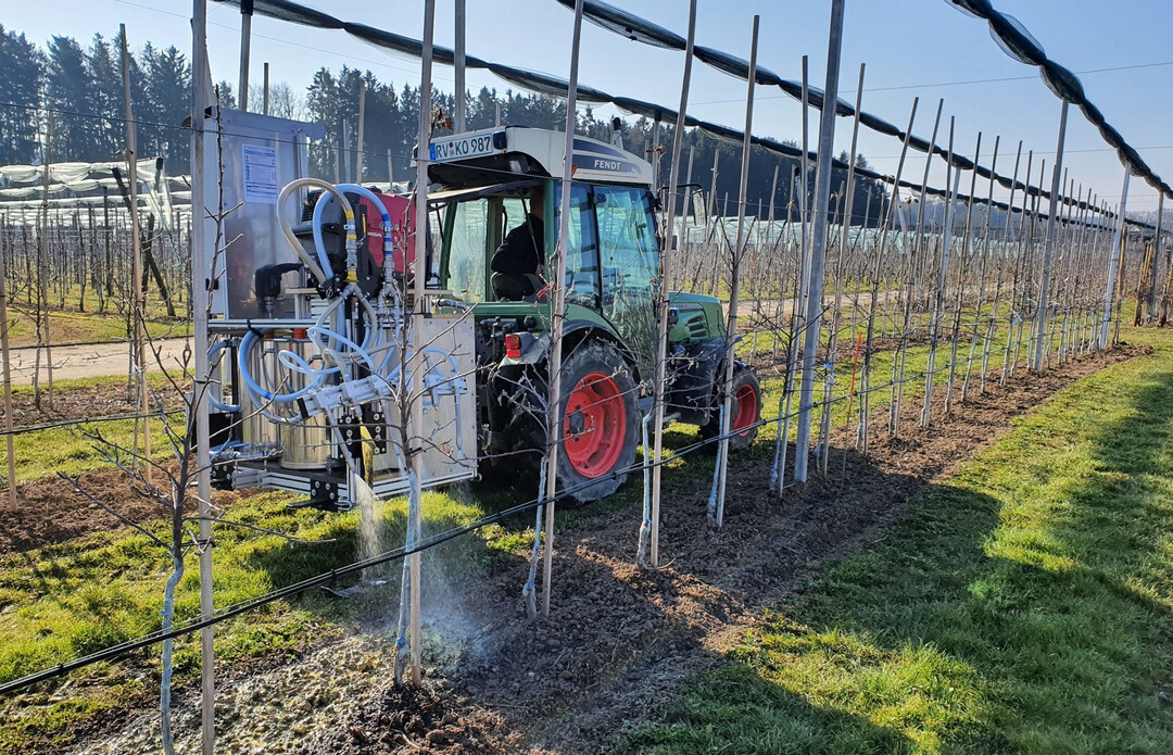 Mithilfe des entwickelten Prototyps fr die Applikation wird das umweltfreundliche Mulchmaterial in einer Obstanlage ausgebracht