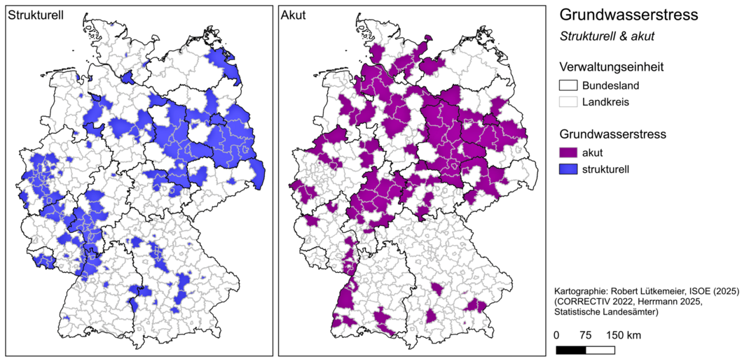 Landkreise und kreisfreie Stdte in Deutschland, die unter strukturellem und/oder akutem Grundwasserstress leiden. Quelle: Robert Ltkemeier