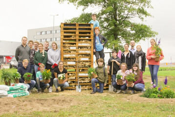 Das groe Insektenhotel fr tausende Kfer und Insekten ist rundum und auch oben drauf mit insektenfreundlichen Blumen und Stauden bepflanzt