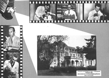 Postkarte mit Bild des 1. festen Standortes in der Oetinger-Villa in Darmstadt und den damals fnf Wissenschaftlern, Aufnahme Ende 1950er Jahre