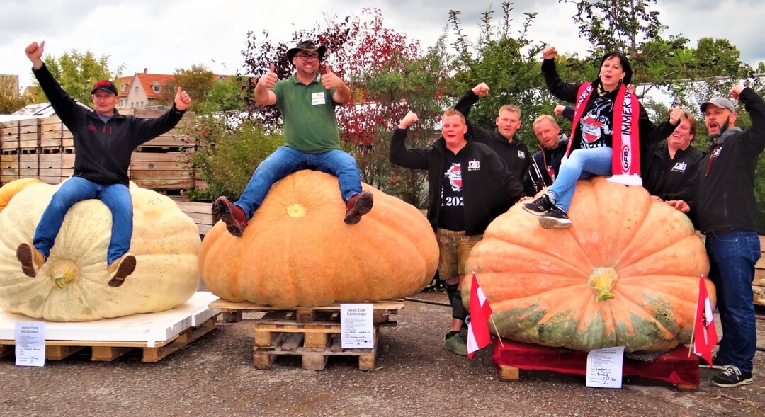 Jubelnd präsentierten sich die drei Züchter der schwersten europäischen Kürbisse 2020 (v.l.): Michael Asam aus Heretshausen mit 712,5kg, Oliver Langheim aus Fürstenroda mit 745 kg und das Team JBC aus Österreich mit 731 kg.