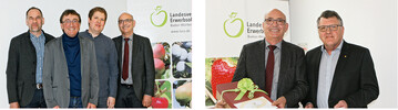 Das neu gewhlte LVEO-Prsidium mit den Vizeprsidenten Friedhelm Weckert (v. l.), Hartwig Roth, Alexander Buhl und LVEO-Prsident Franz Josef Mller. Rechts: Auszeichnung mit dem Goldenen Apfel fr den langjhrigen Vizeprsident Walter Sllner (r.). Er kandidierte nach ber 20-jhrigem Einsatz nicht erneut.