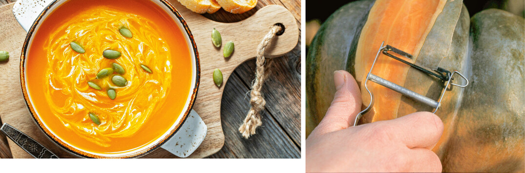 Kürbissuppe passt perfekt zu einem herbstlichen Menü (l.) Für glattschalige Sorten bietet sich der Spargelschäler an (r.).