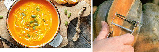 Krbissuppe passt perfekt zu einem herbstlichen Men (l.) Fr glattschalige Sorten bietet sich der Spargelschler an (r.).