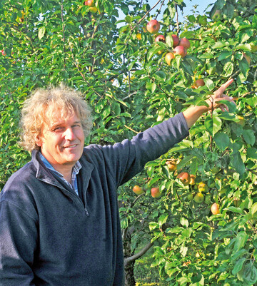 Dr. Ulrich Mayr (hier vor einem Hauxapfel) betreut den Erhaltungsgarten am KOB